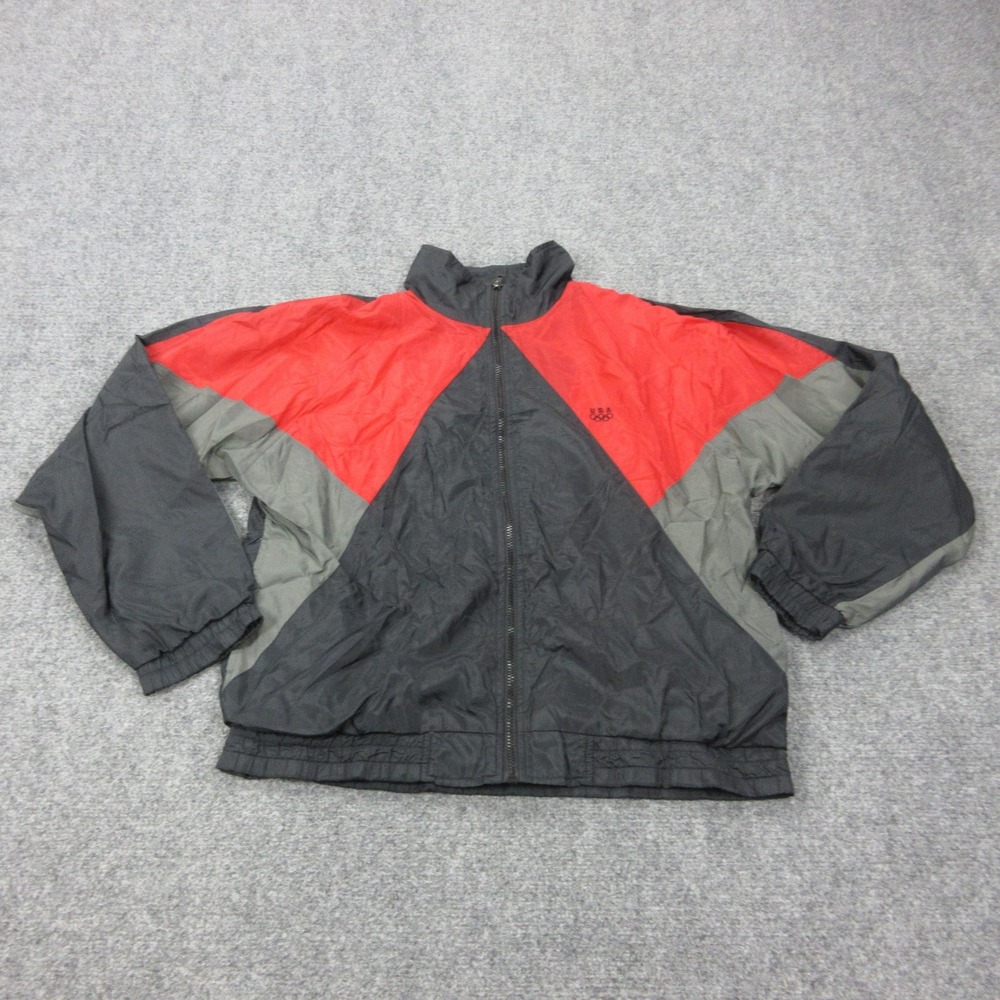 Vintage USA Olympic Jacket Mens Medium Black Red Nylon Windbreaker JCPenney 90s
